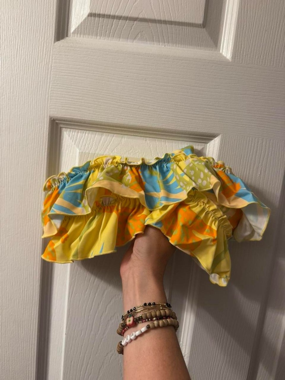 Kittenish Yellow Bikini Top with Blue & Orange Tropical Ruffles